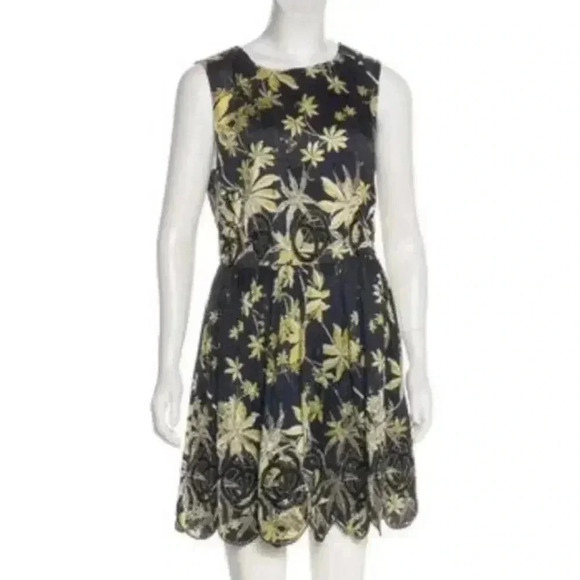 SUNO‎ (6) Black & Yellow 100% Silk Mini Sleeveless Fit & Flare Eyelet Mini Dress - Picture 1 of 14